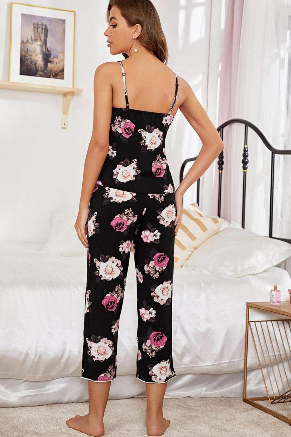Floral V-Neck Cami and Cropped Pants Lounge Set BLUE ZONE PLANET