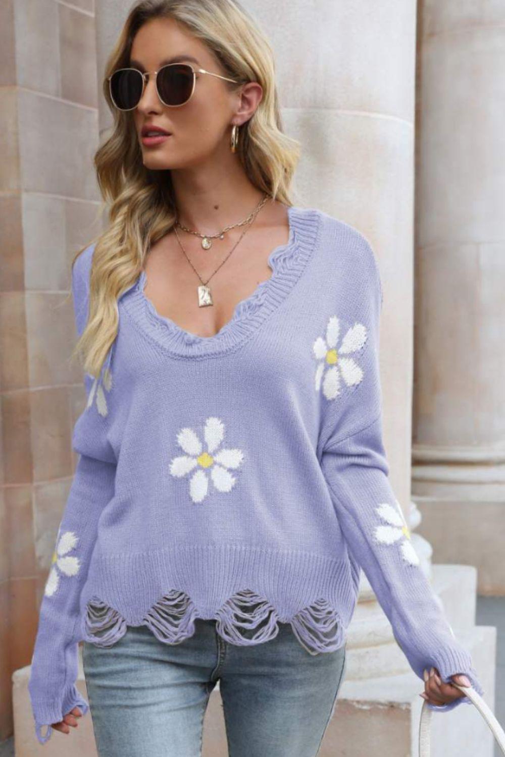 Flower Distressed Ribbed Trim Sweater BLUE ZONE PLANET