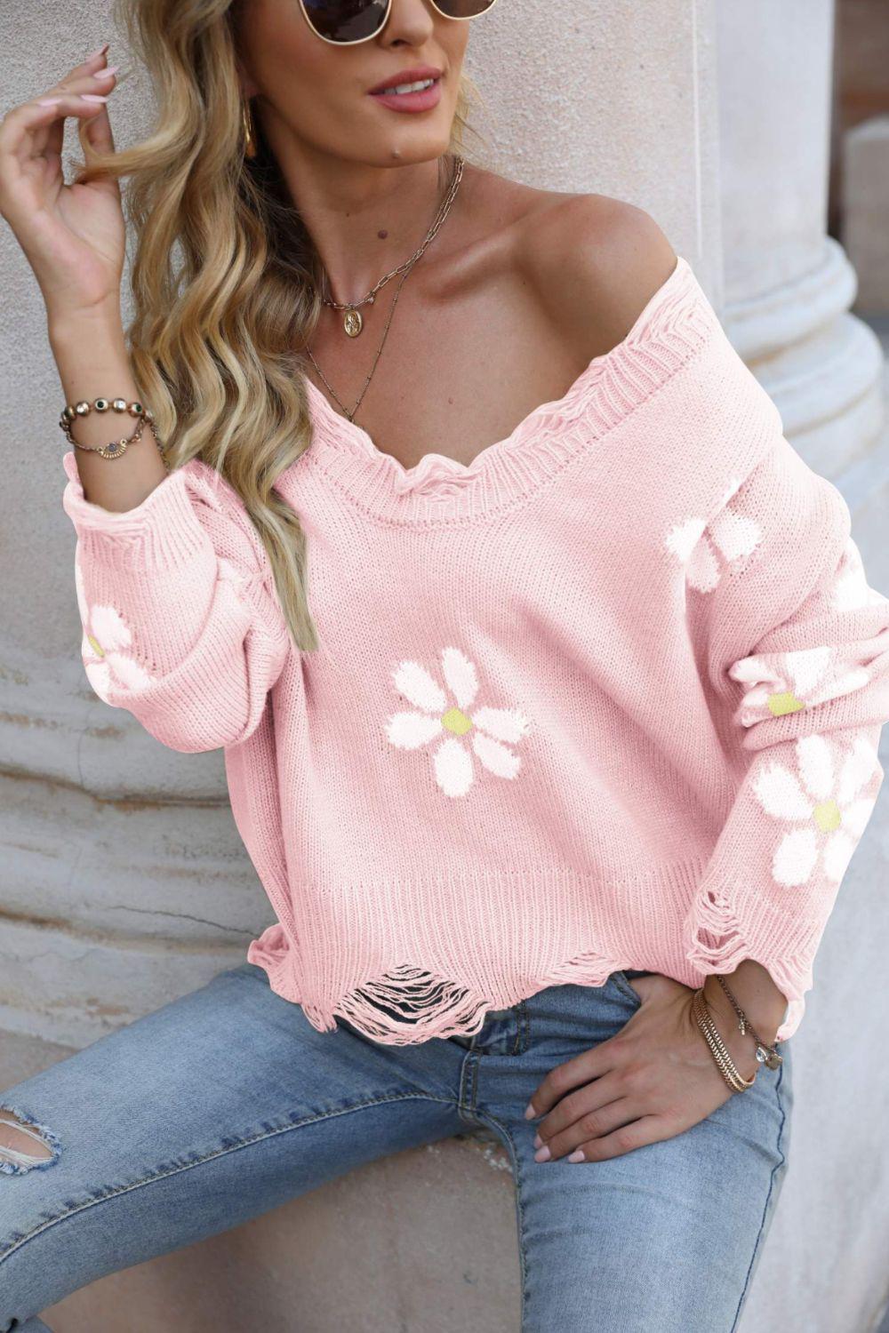 Flower Distressed Ribbed Trim Sweater BLUE ZONE PLANET