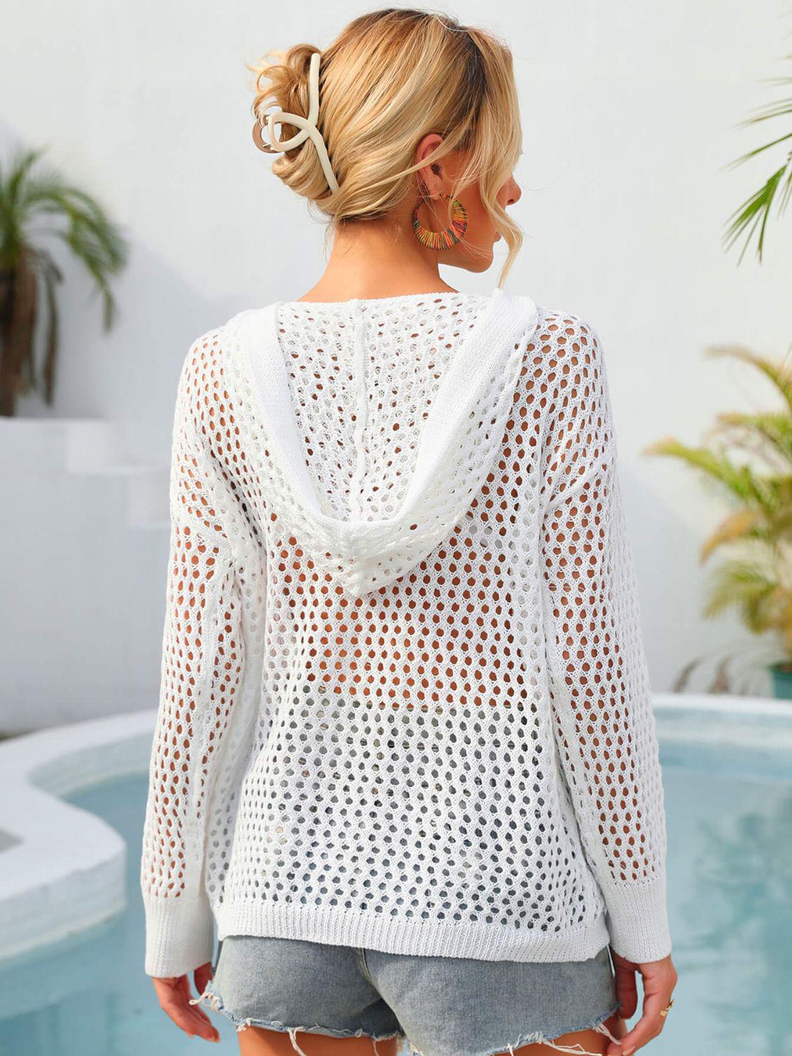 Flower Graphic Lace-Up Openwork Hooded Cover Up BLUE ZONE PLANET