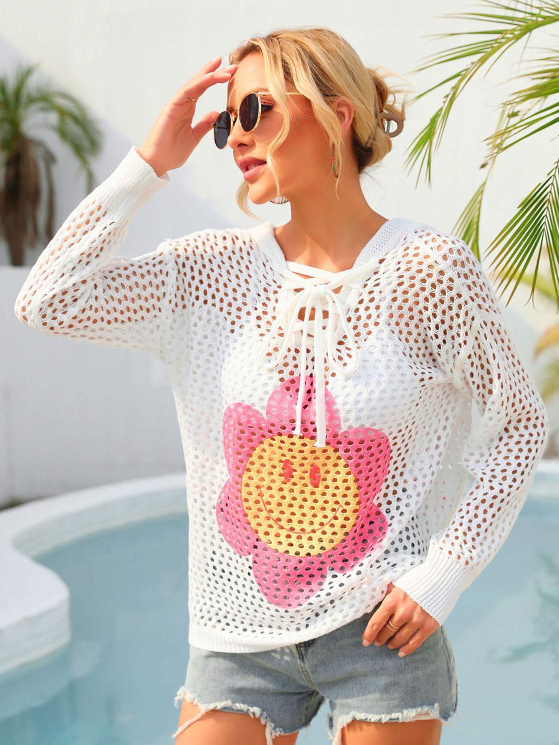 Flower Graphic Lace-Up Openwork Hooded Cover Up BLUE ZONE PLANET