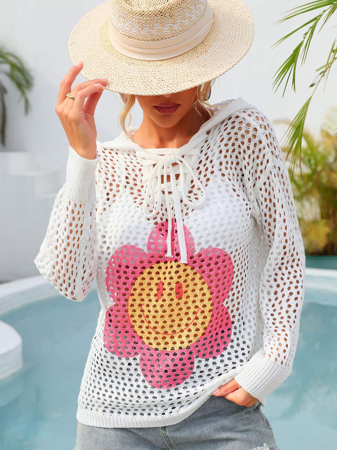 Flower Graphic Lace-Up Openwork Hooded Cover Up BLUE ZONE PLANET