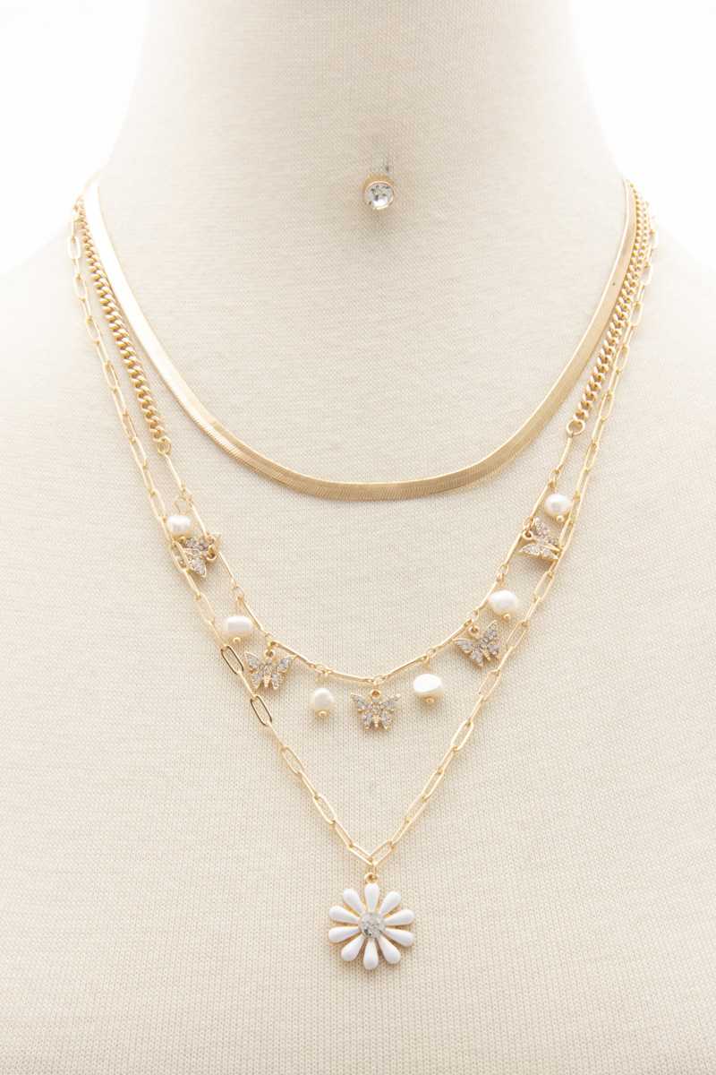 Flower Pendant Butterfly Charm Layered Necklace Blue Zone Planet