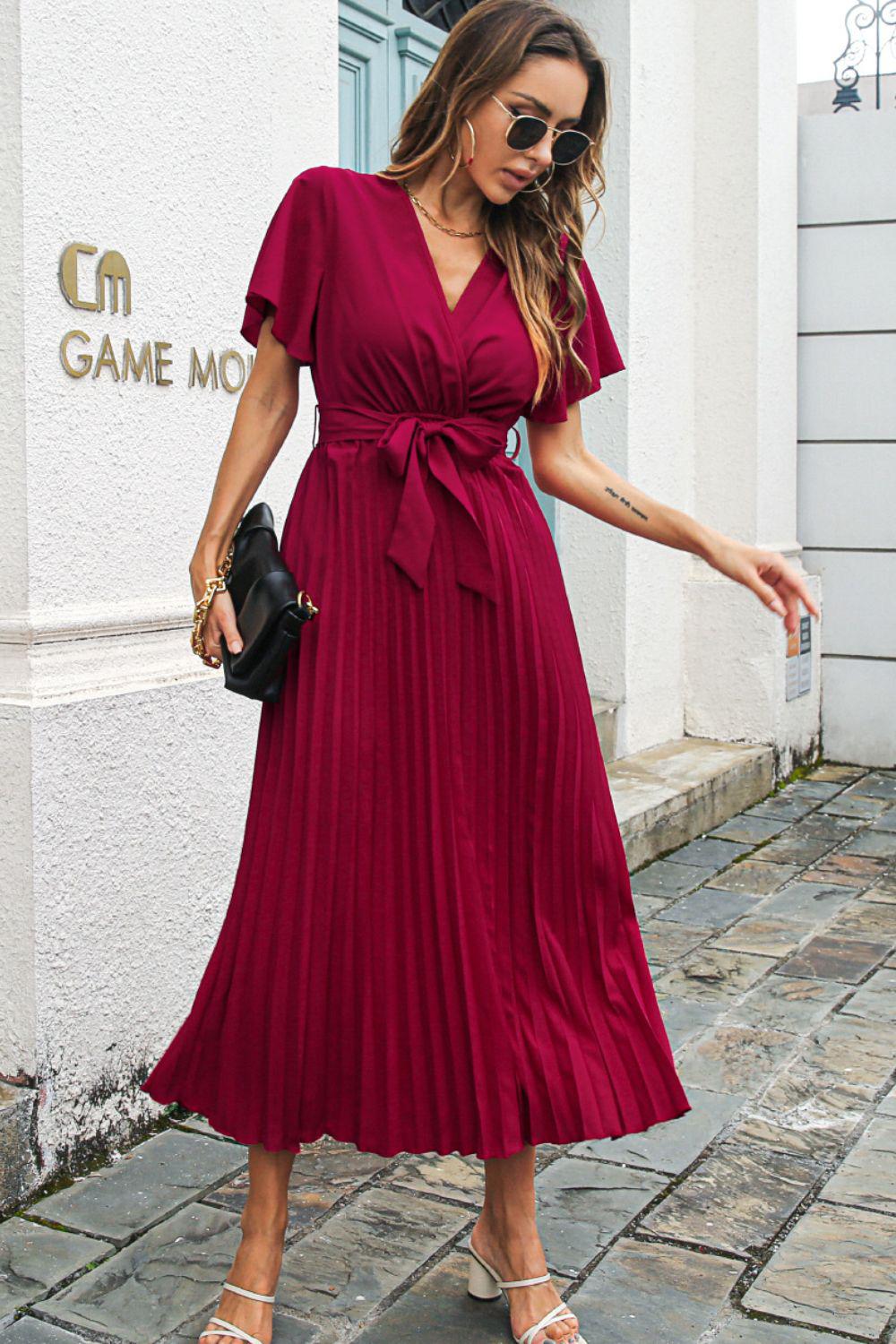 Flutter Sleeve Belted Surplice Midi Dress BLUE ZONE PLANET