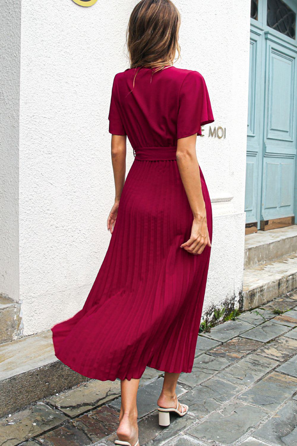 Flutter Sleeve Belted Surplice Midi Dress BLUE ZONE PLANET