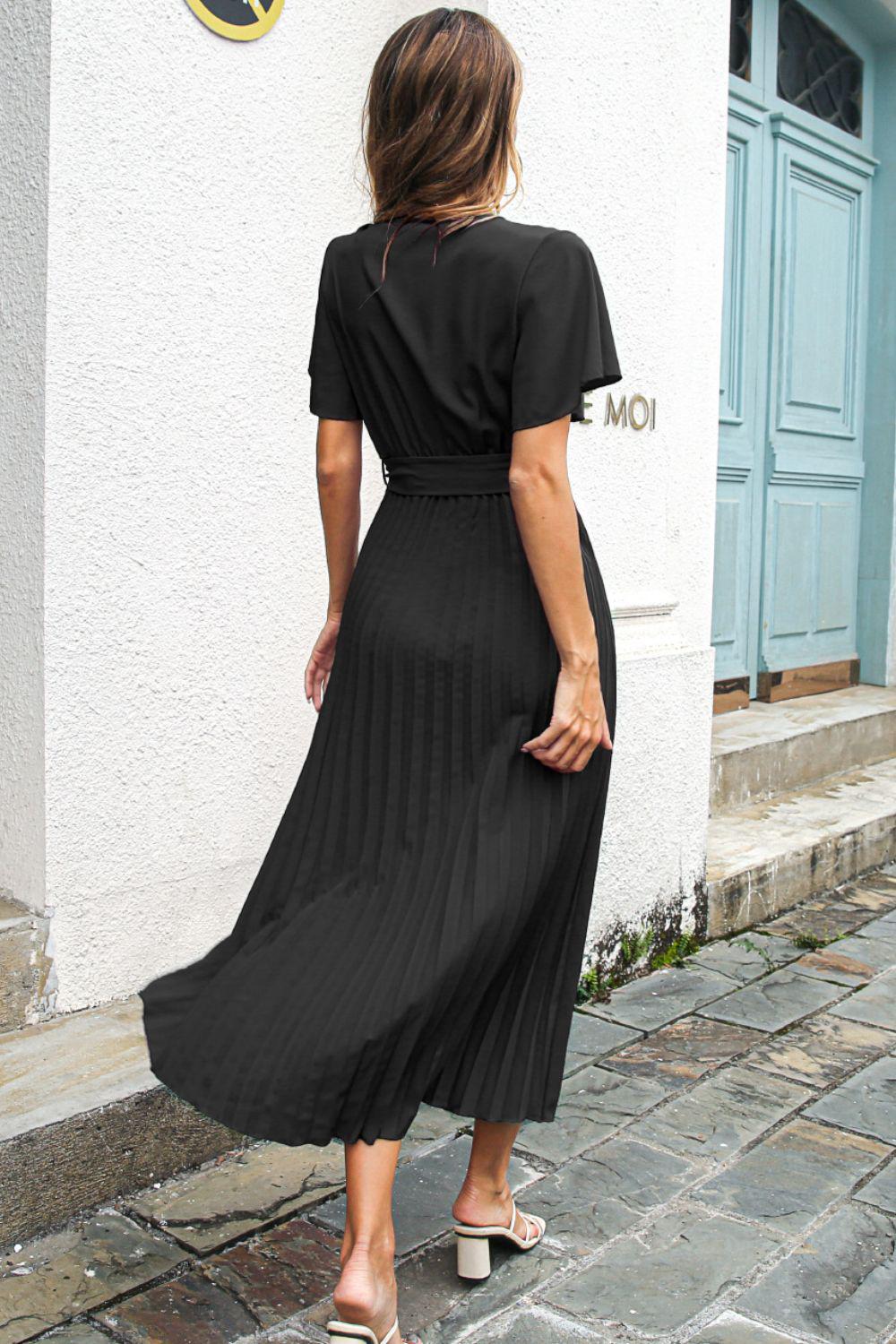 Flutter Sleeve Belted Surplice Midi Dress BLUE ZONE PLANET