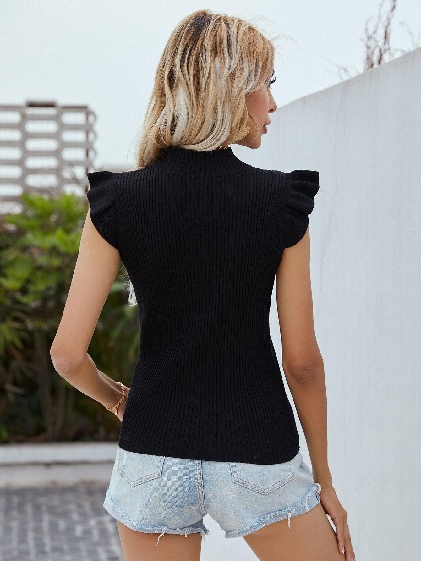 Flutter Sleeve Mock Neck Ribbed Top BLUE ZONE PLANET