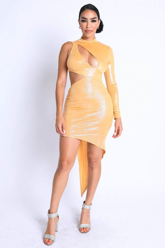 Foil Asymmetric Sleeve And Cut Out Midi Dress Blue Zone Planet
