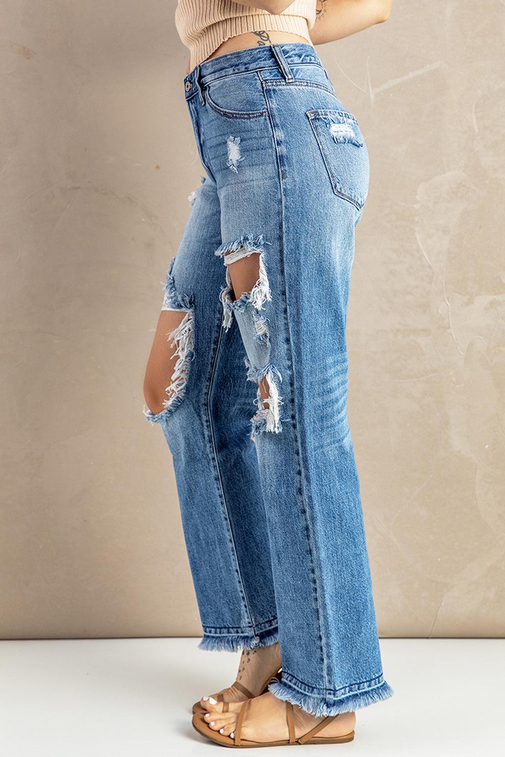 Frayed Hem Distressed Jeans with Pockets BLUE ZONE PLANET