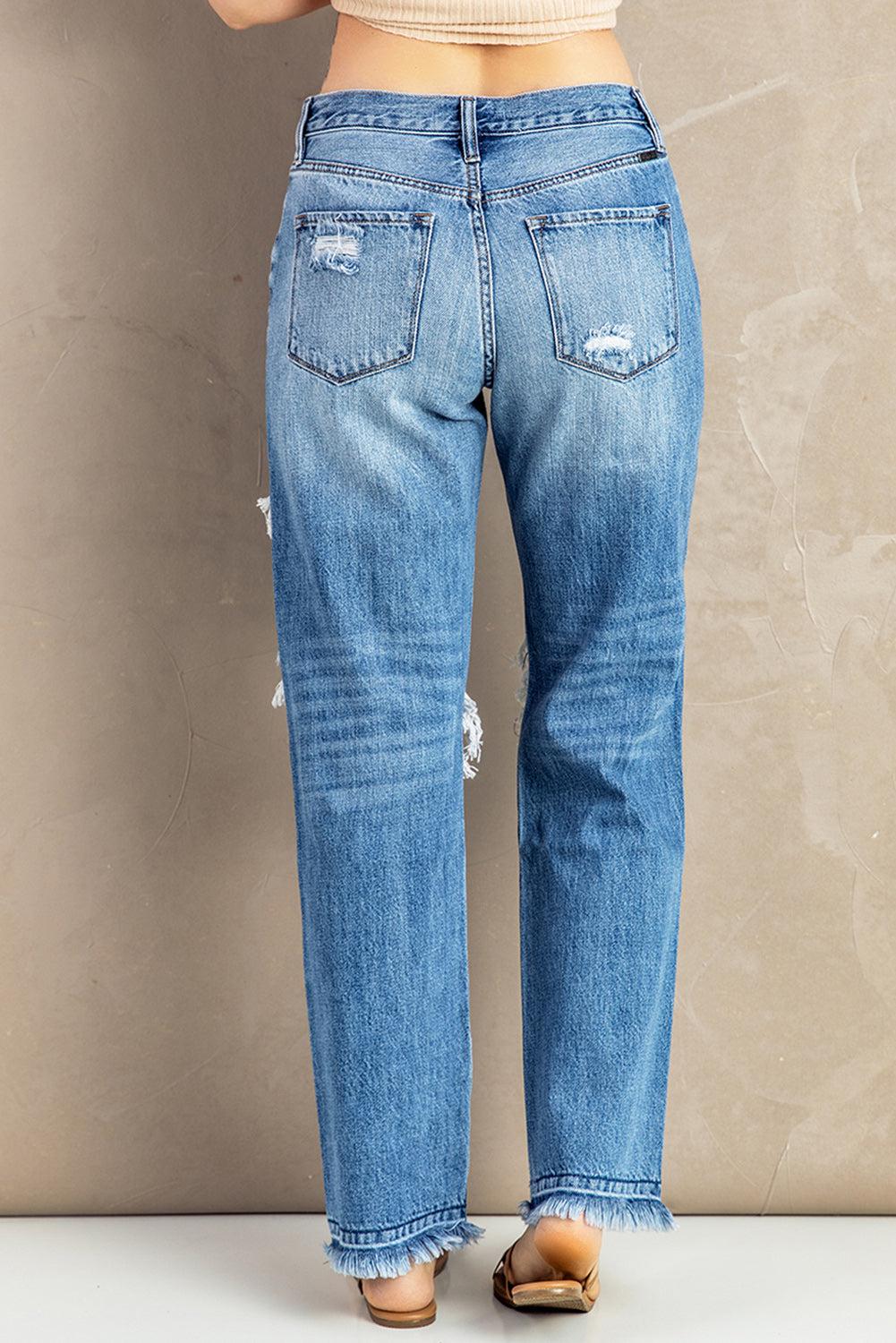Frayed Hem Distressed Jeans with Pockets BLUE ZONE PLANET