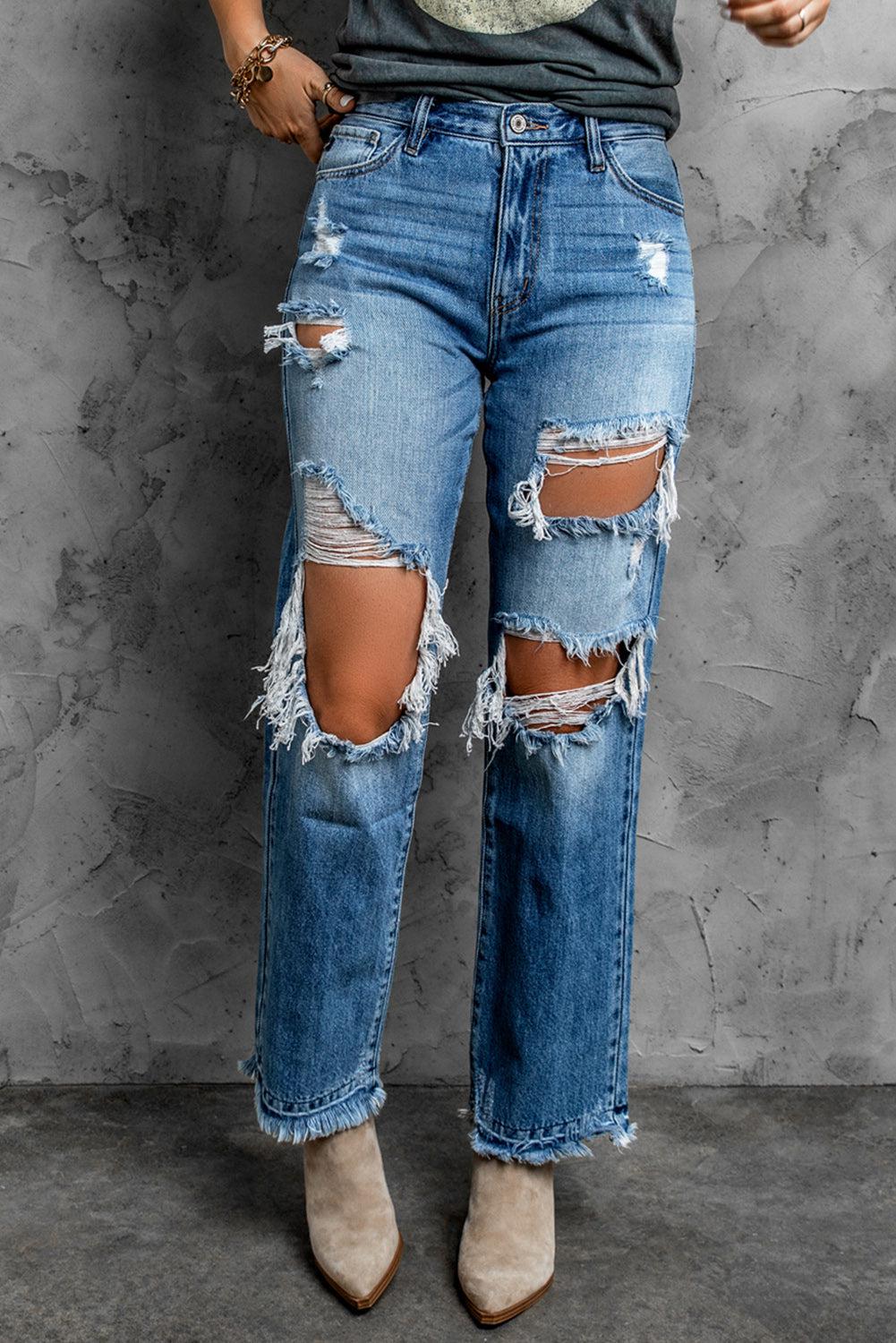 Frayed Hem Distressed Jeans with Pockets BLUE ZONE PLANET