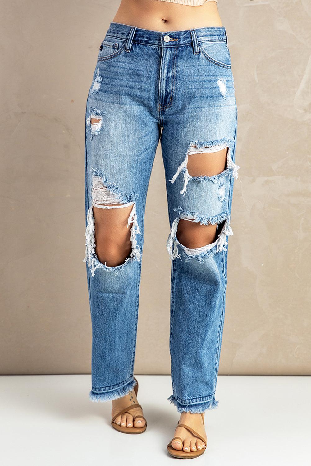 Frayed Hem Distressed Jeans with Pockets BLUE ZONE PLANET