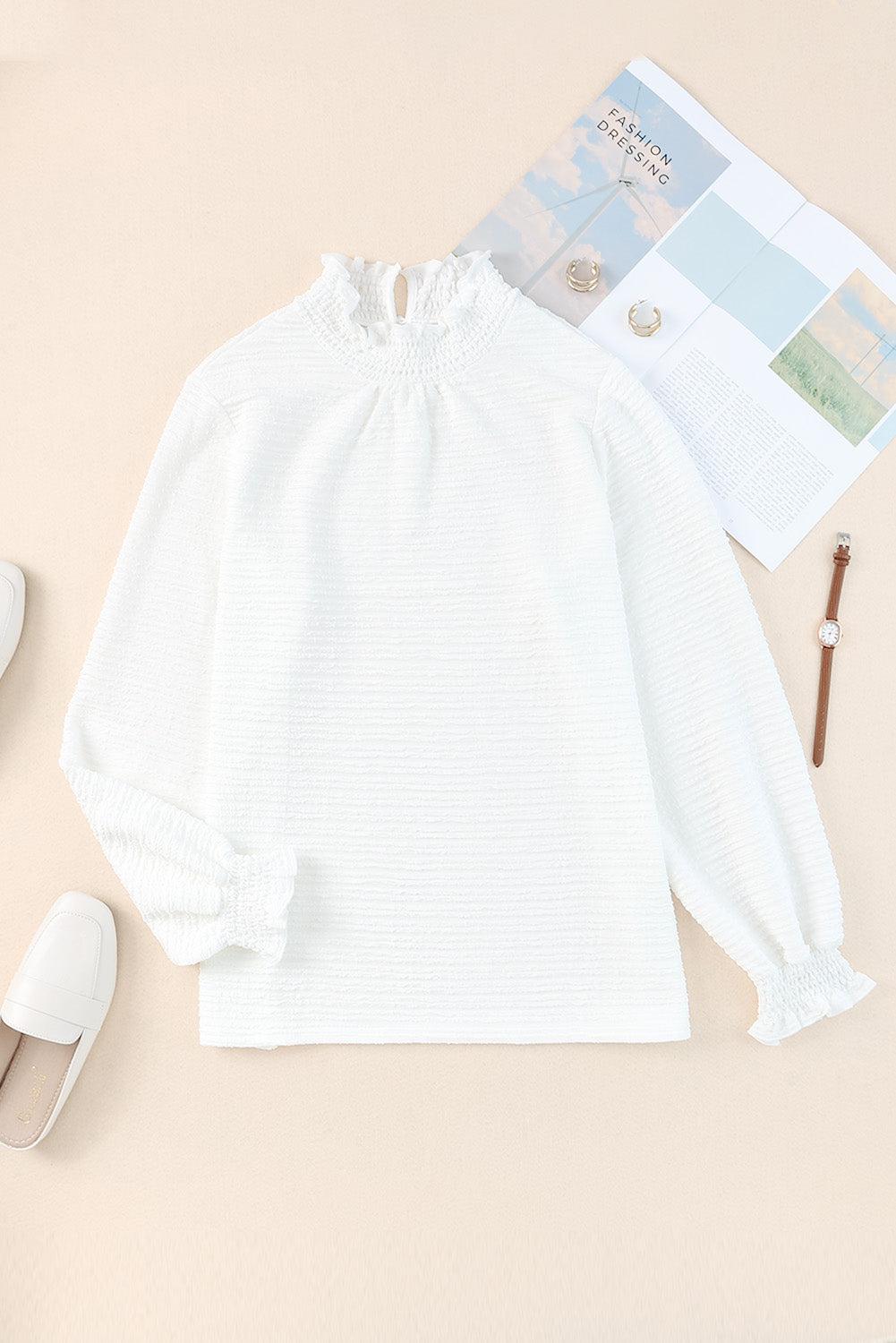 Frill Trim Balloon Sleeve Textured Blouse BLUE ZONE PLANET