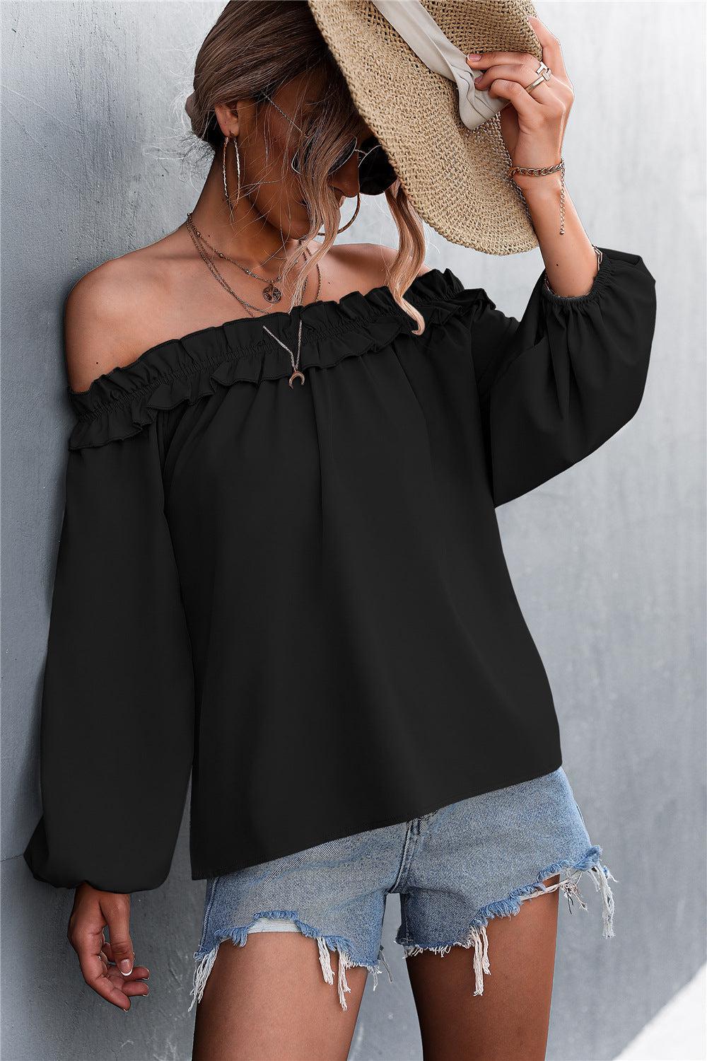 Frill Trim Off-Shoulder Balloon Sleeve Top BLUE ZONE PLANET