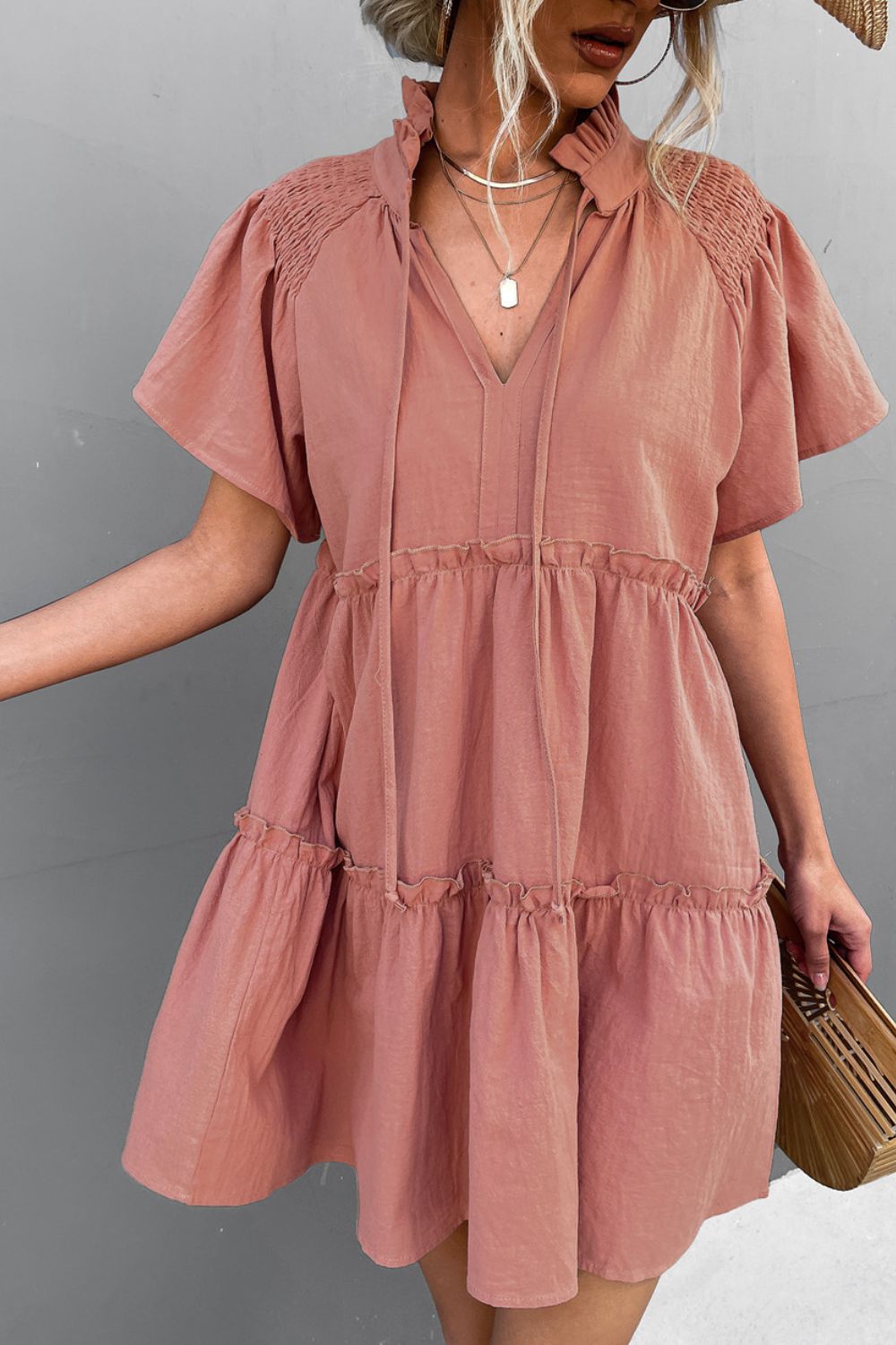 Frill Trim Smocked Tie Neck Dress BLUE ZONE PLANET