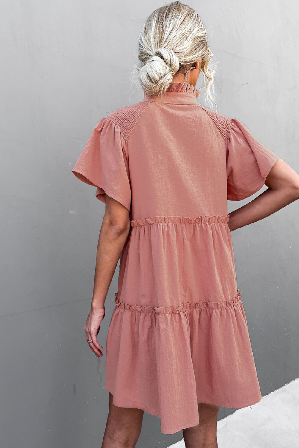 Frill Trim Smocked Tie Neck Dress BLUE ZONE PLANET