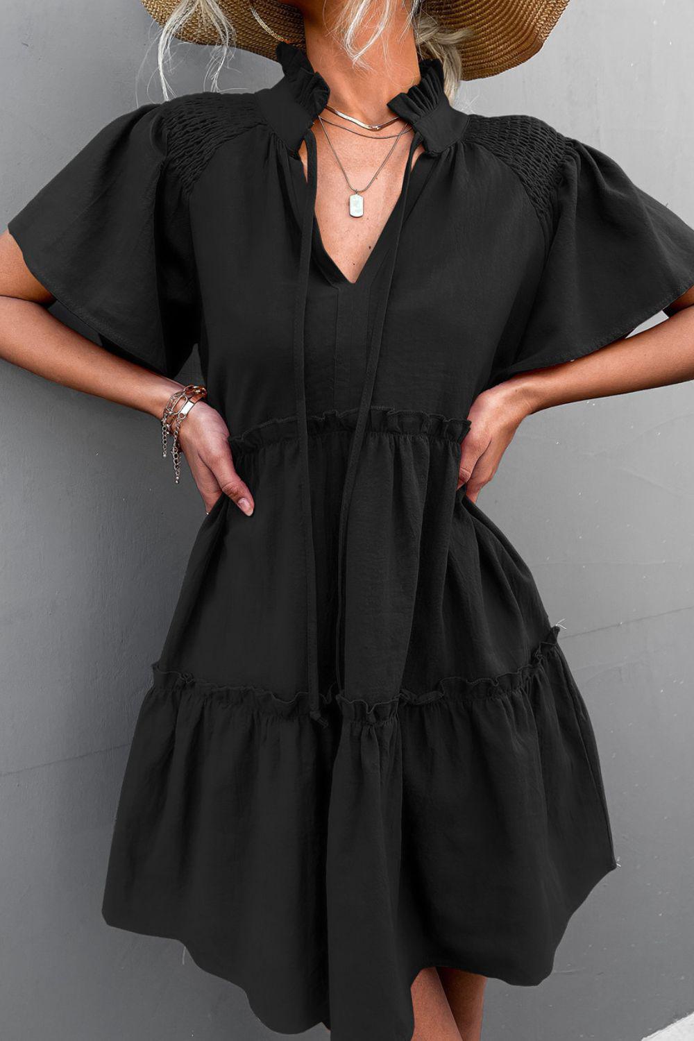 Frill Trim Smocked Tie Neck Dress BLUE ZONE PLANET