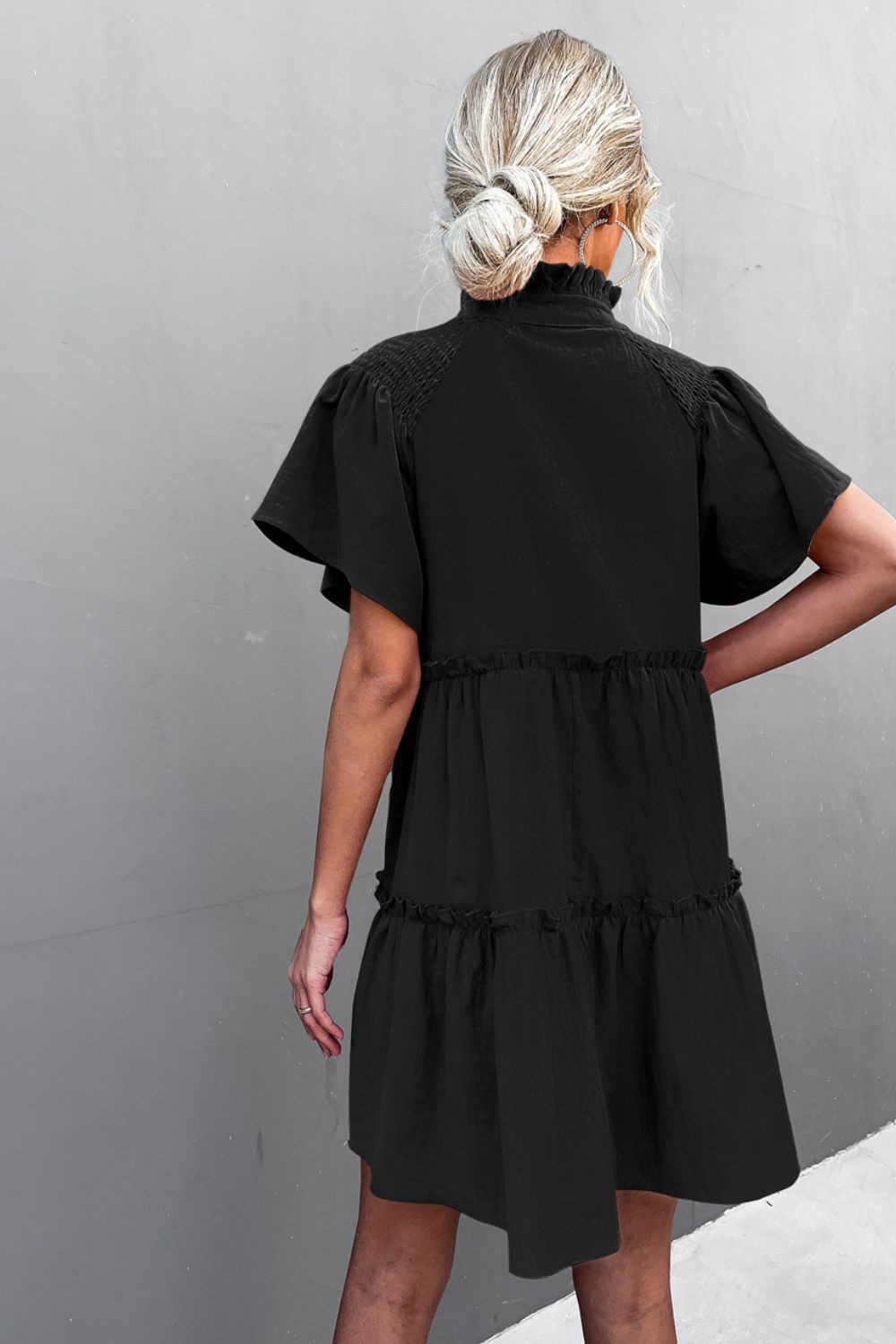 Frill Trim Smocked Tie Neck Dress BLUE ZONE PLANET