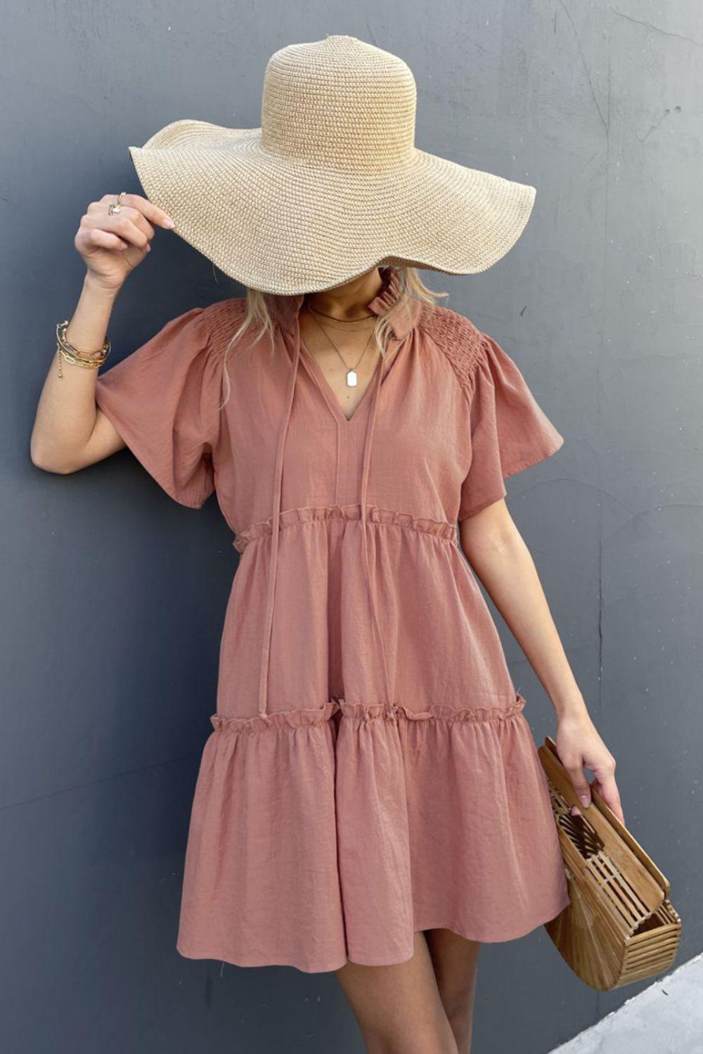 Frill Trim Smocked Tie Neck Dress BLUE ZONE PLANET