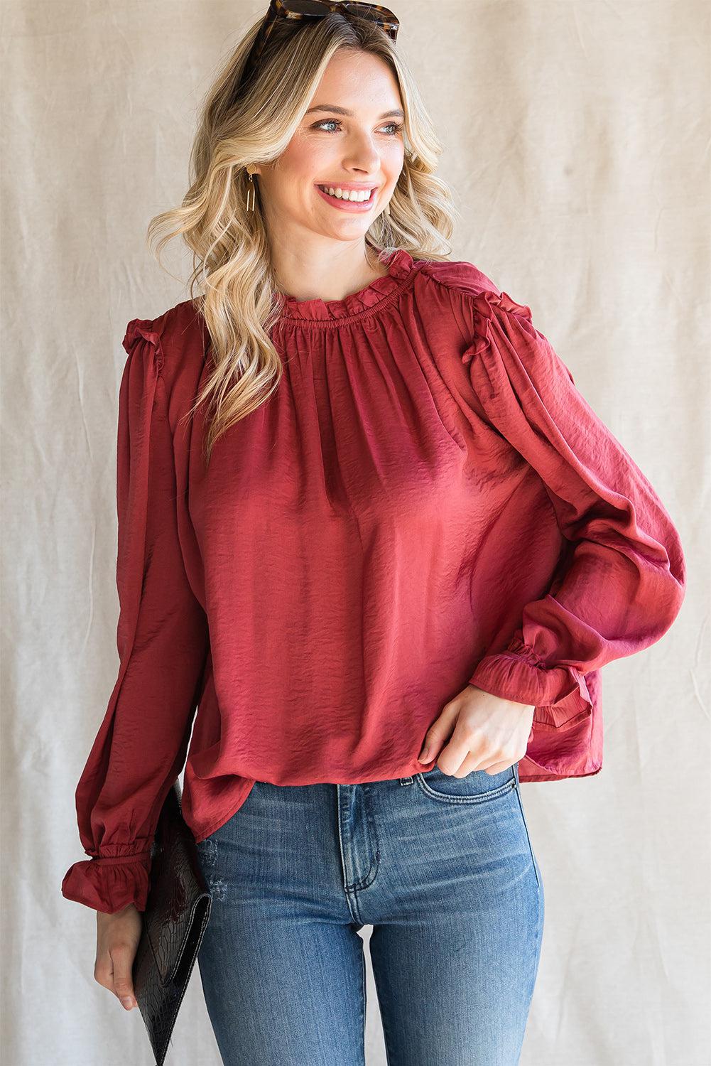 Frilled Neck Long Flounce Sleeve Blouse BLUE ZONE PLANET