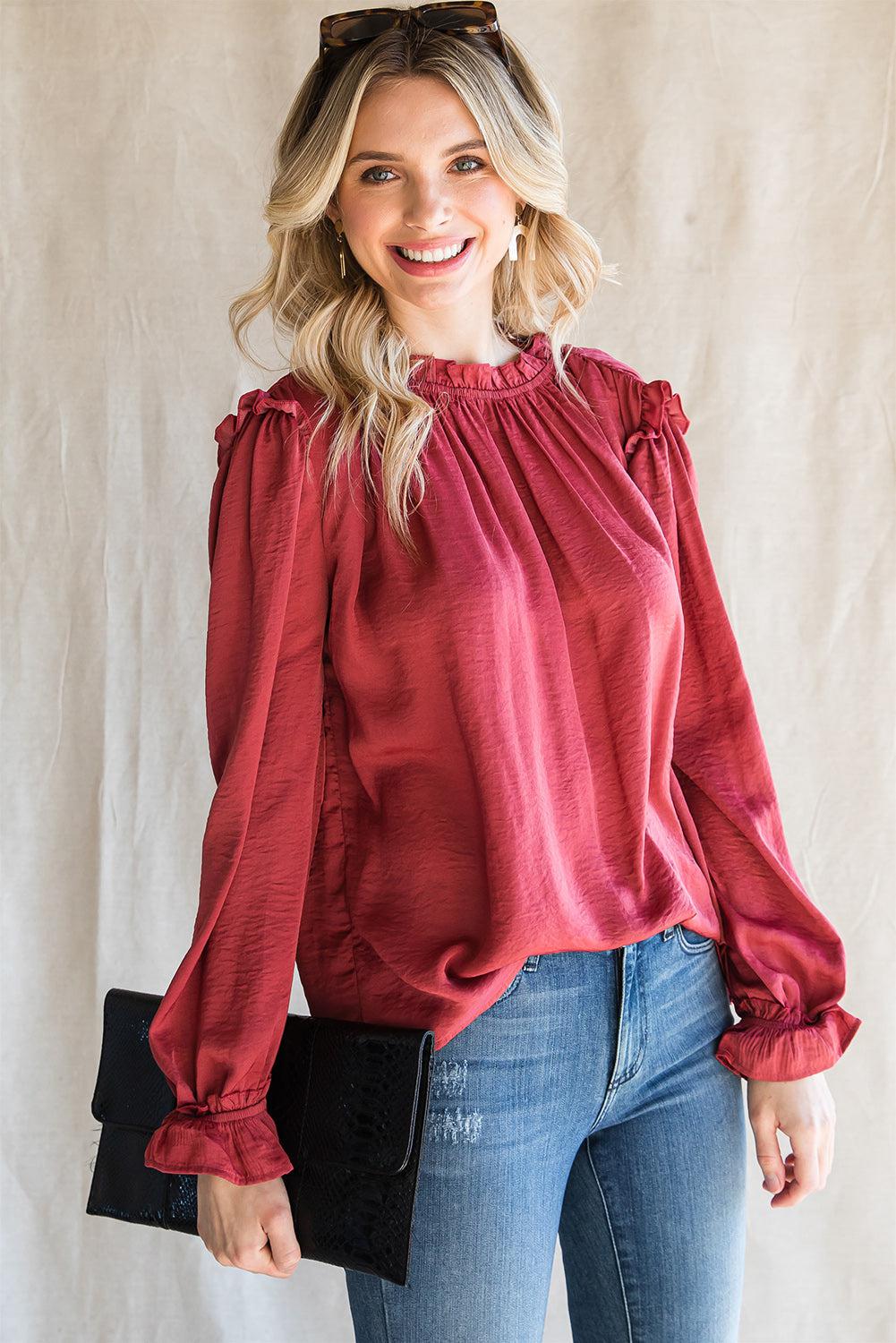 Frilled Neck Long Flounce Sleeve Blouse BLUE ZONE PLANET