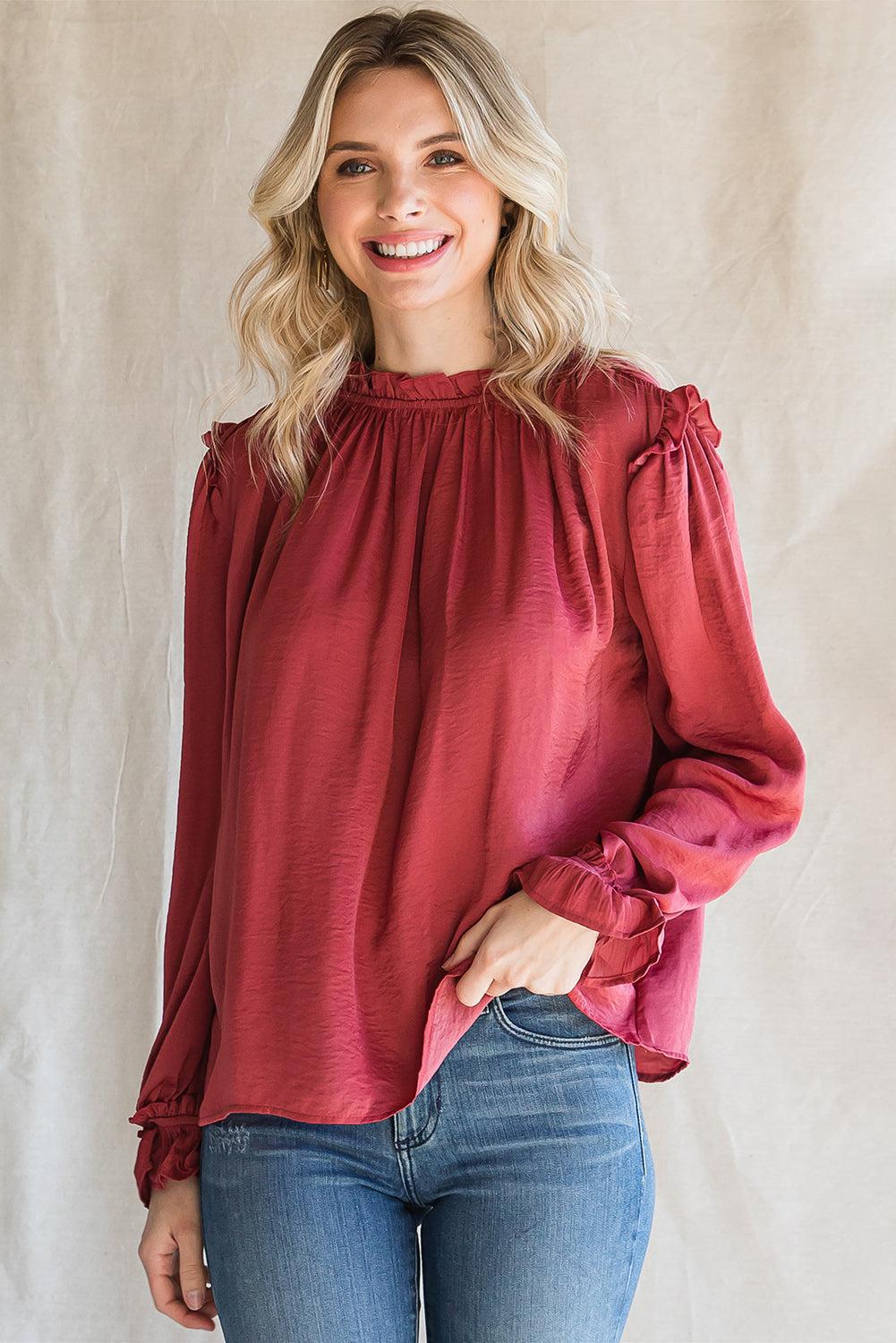 Frilled Neck Long Flounce Sleeve Blouse BLUE ZONE PLANET