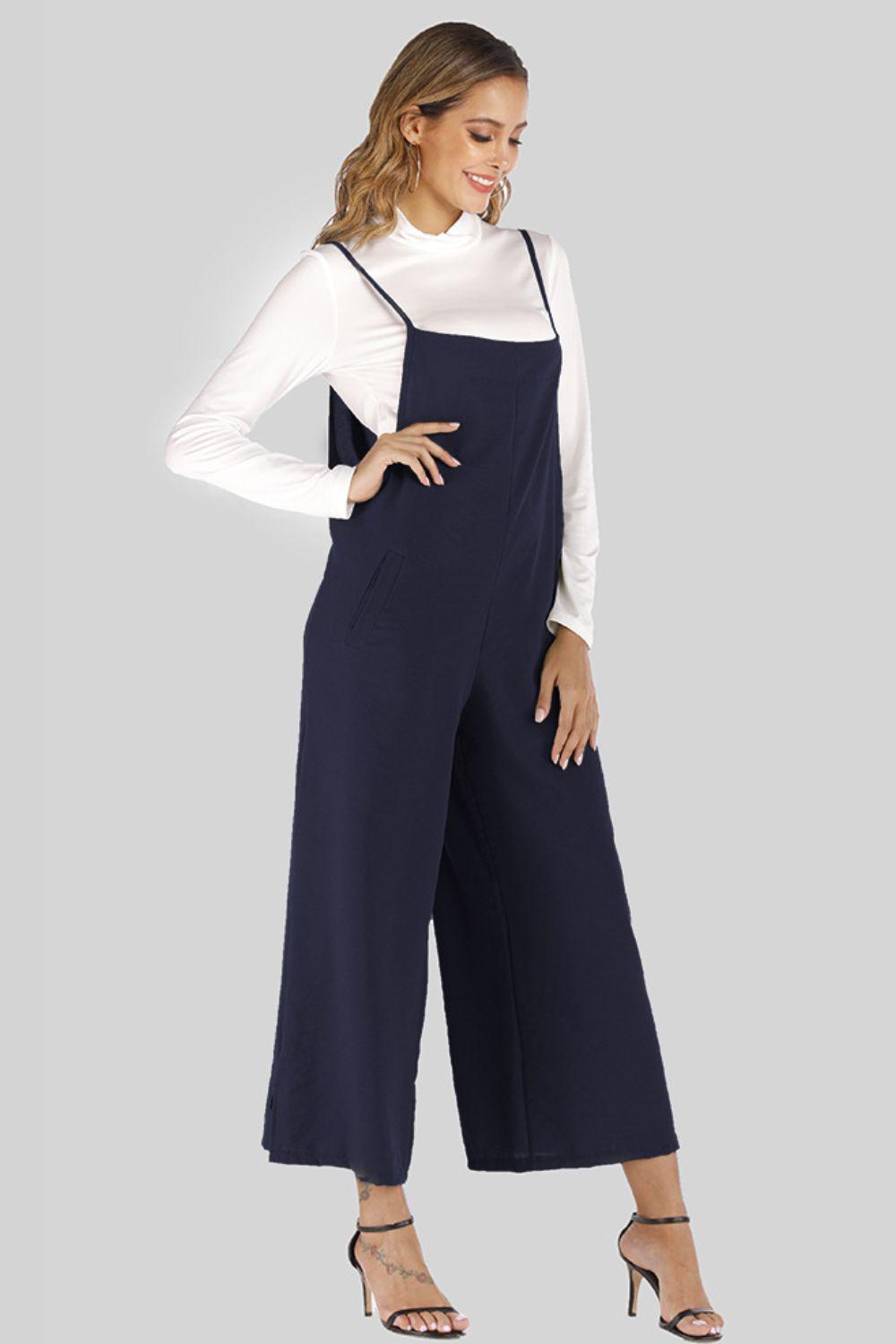 Full Size Cropped Wide Leg Overalls with Pockets BLUE ZONE PLANET