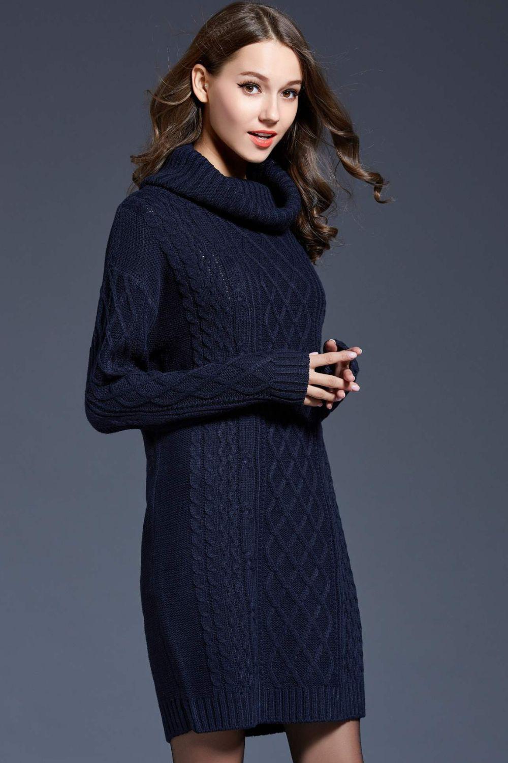 Full Size Mixed Knit Cowl Neck Dropped Shoulder Sweater Mini Dress BLUE ZONE PLANET