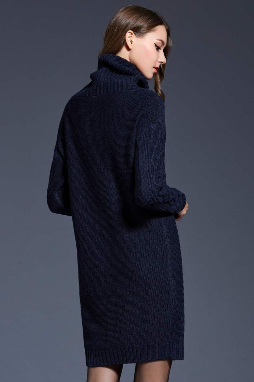 Full Size Mixed Knit Cowl Neck Dropped Shoulder Sweater Mini Dress BLUE ZONE PLANET