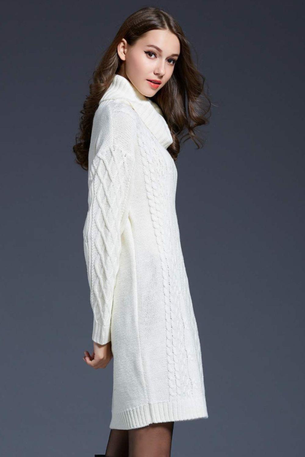 Full Size Mixed Knit Cowl Neck Dropped Shoulder Sweater Mini Dress BLUE ZONE PLANET