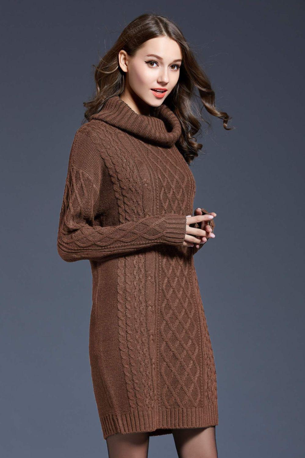 Full Size Mixed Knit Cowl Neck Dropped Shoulder Sweater Mini Dress BLUE ZONE PLANET
