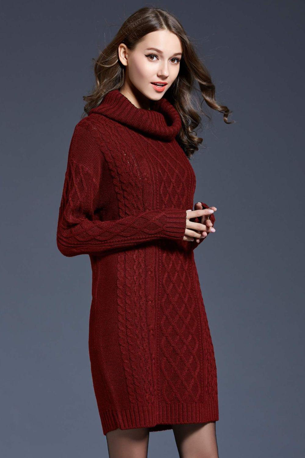 Full Size Mixed Knit Cowl Neck Dropped Shoulder Sweater Mini Dress BLUE ZONE PLANET