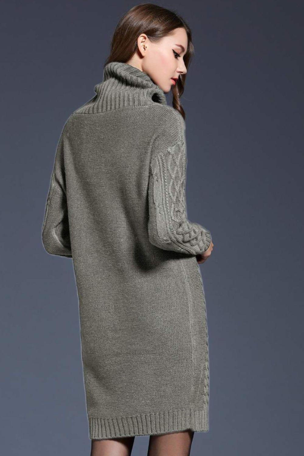 Full Size Mixed Knit Cowl Neck Dropped Shoulder Sweater Mini Dress BLUE ZONE PLANET