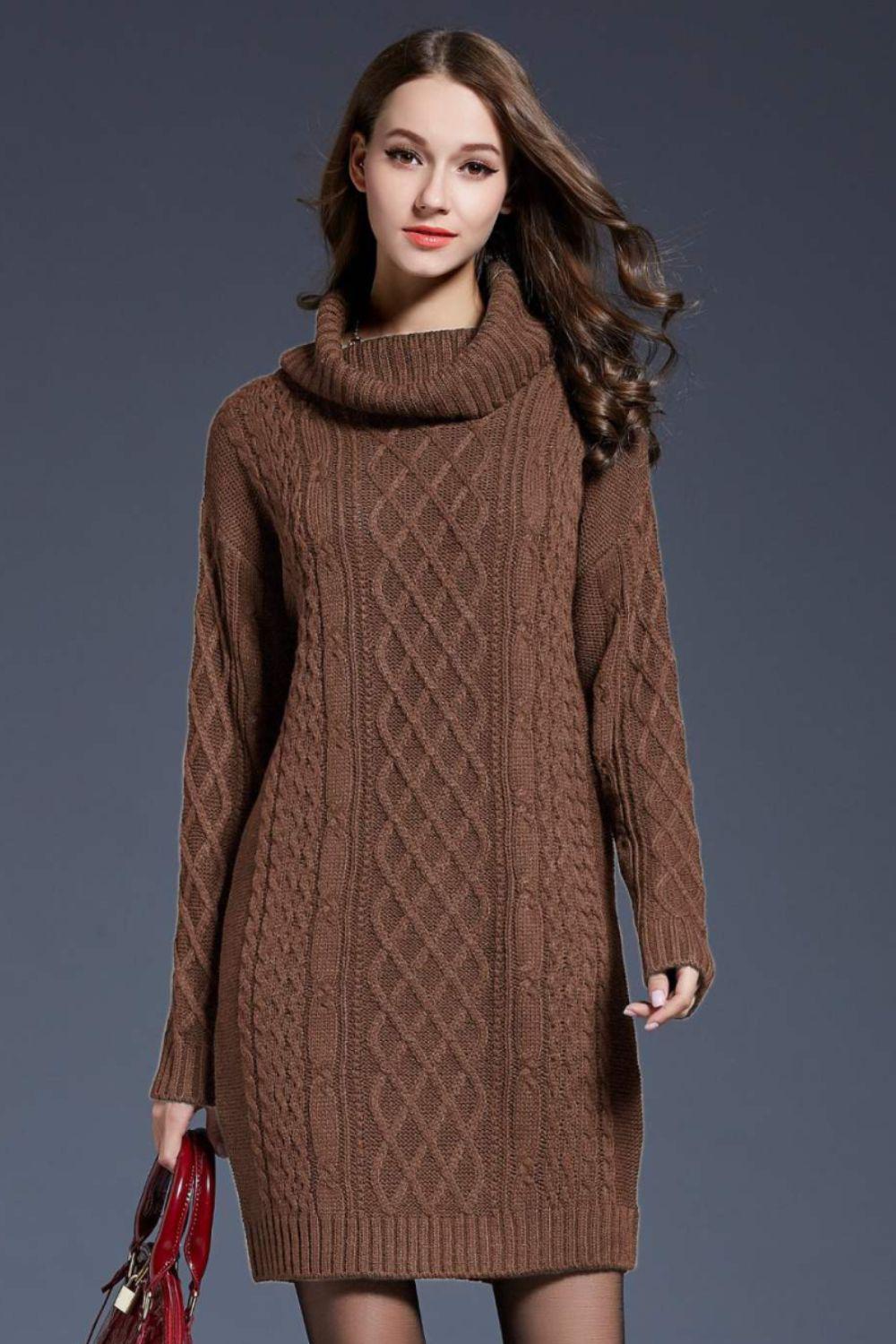 Full Size Mixed Knit Cowl Neck Dropped Shoulder Sweater Mini Dress BLUE ZONE PLANET