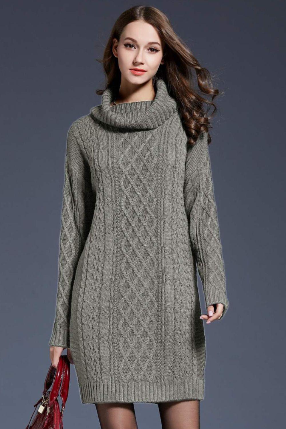Full Size Mixed Knit Cowl Neck Dropped Shoulder Sweater Mini Dress BLUE ZONE PLANET