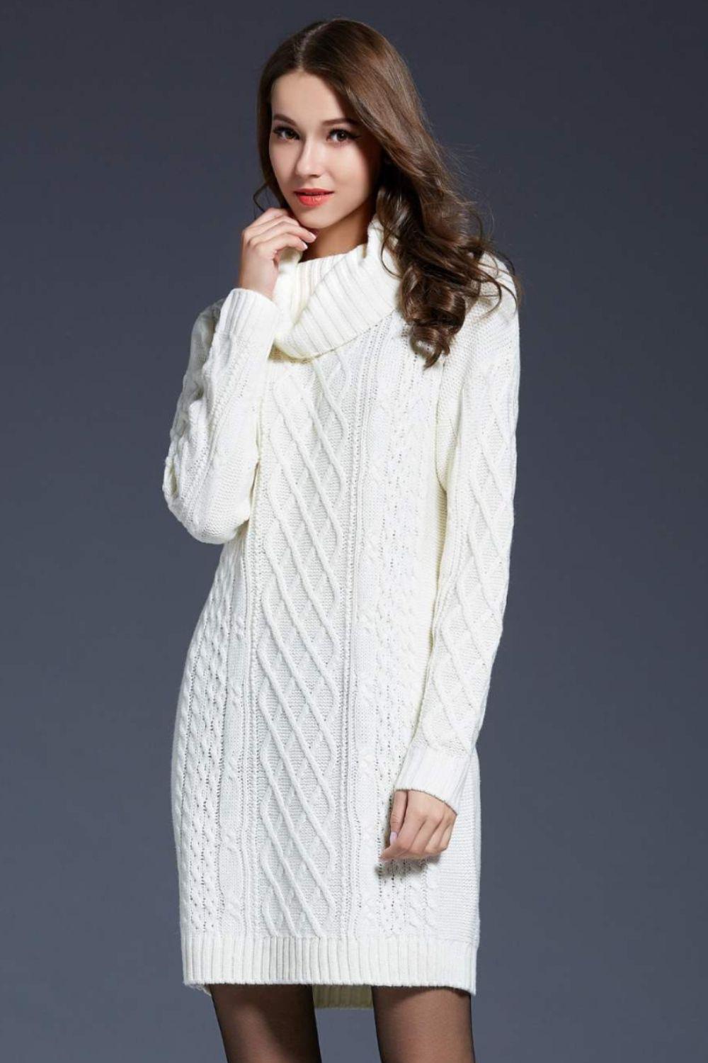 Full Size Mixed Knit Cowl Neck Dropped Shoulder Sweater Mini Dress BLUE ZONE PLANET