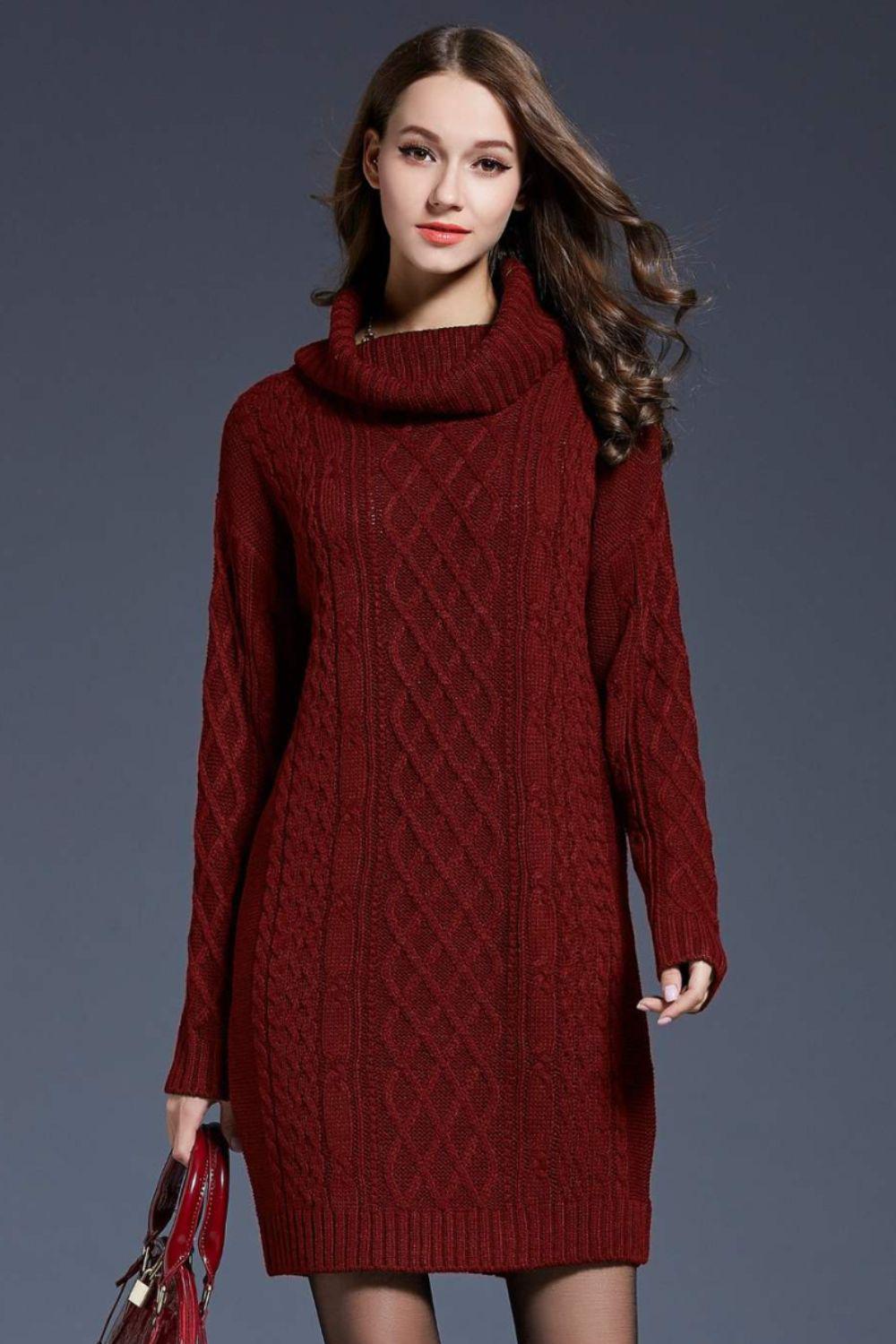 Full Size Mixed Knit Cowl Neck Dropped Shoulder Sweater Mini Dress BLUE ZONE PLANET