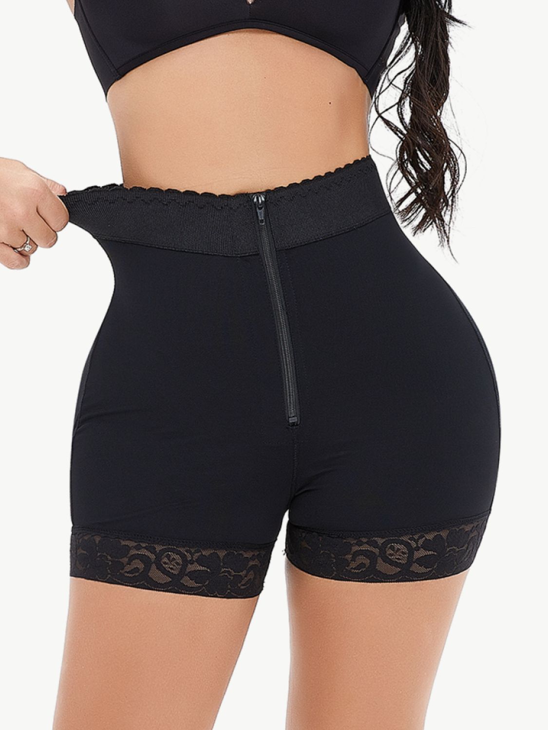 Full Size Zip-Up Lace Trim Shaping Shorts BLUE ZONE PLANET
