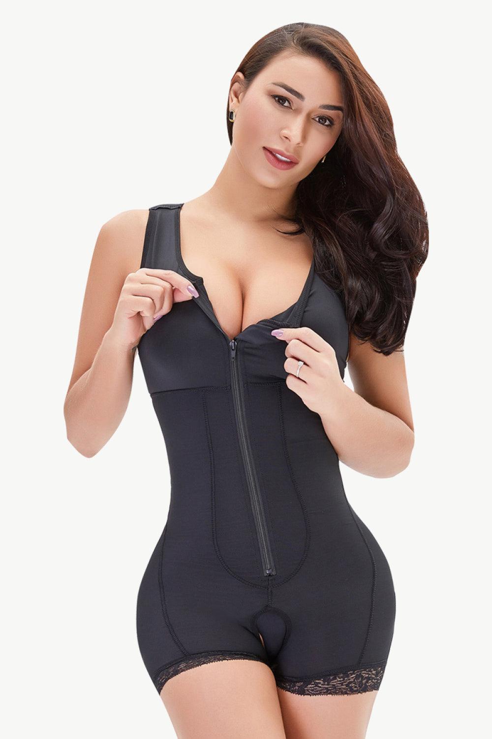 Full Size Zip-Up Scoop Neck Lace Trim Shapewear BLUE ZONE PLANET