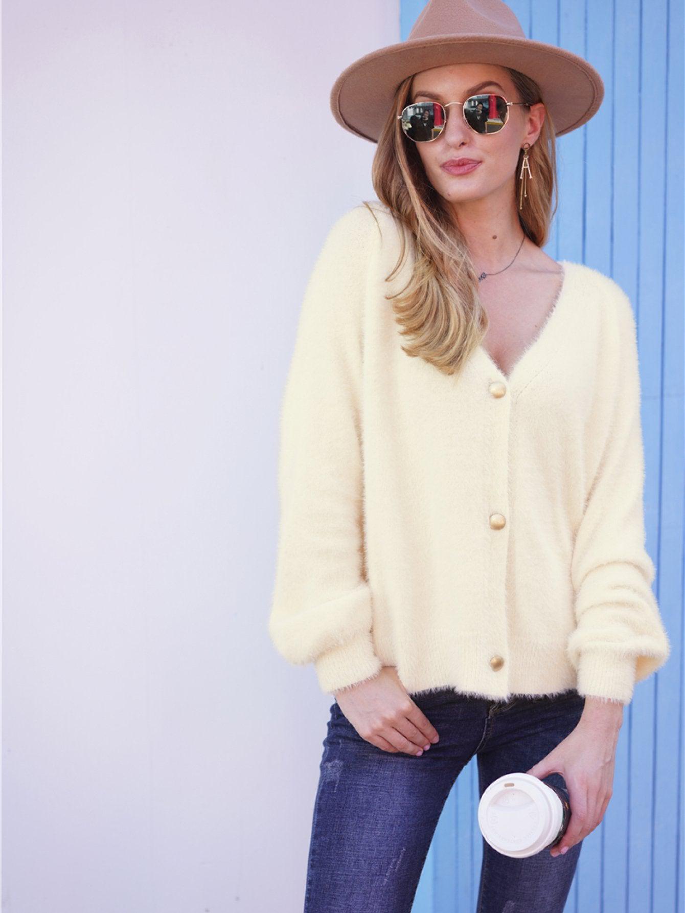 Fuzzy Long Sleeve Button Down Cardigan BLUE ZONE PLANET