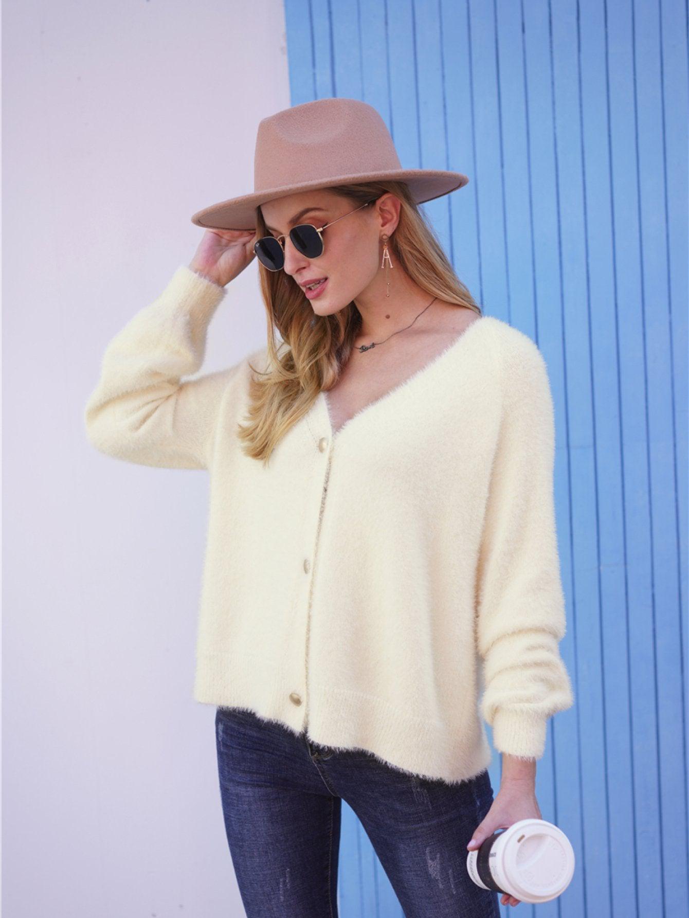 Fuzzy Long Sleeve Button Down Cardigan BLUE ZONE PLANET