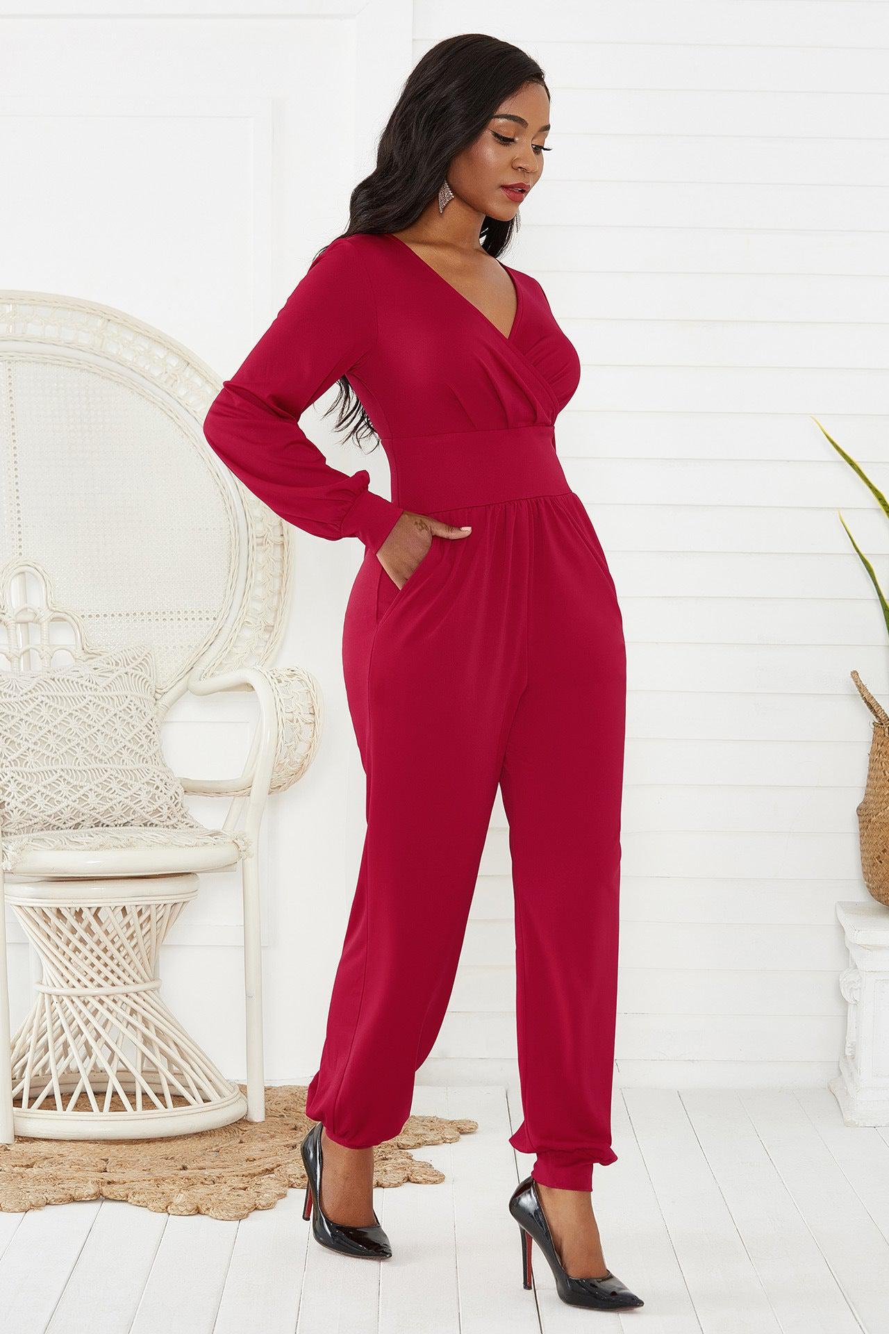 Gathered Detail Surplice Lantern Sleeve Jumpsuit BLUE ZONE PLANET
