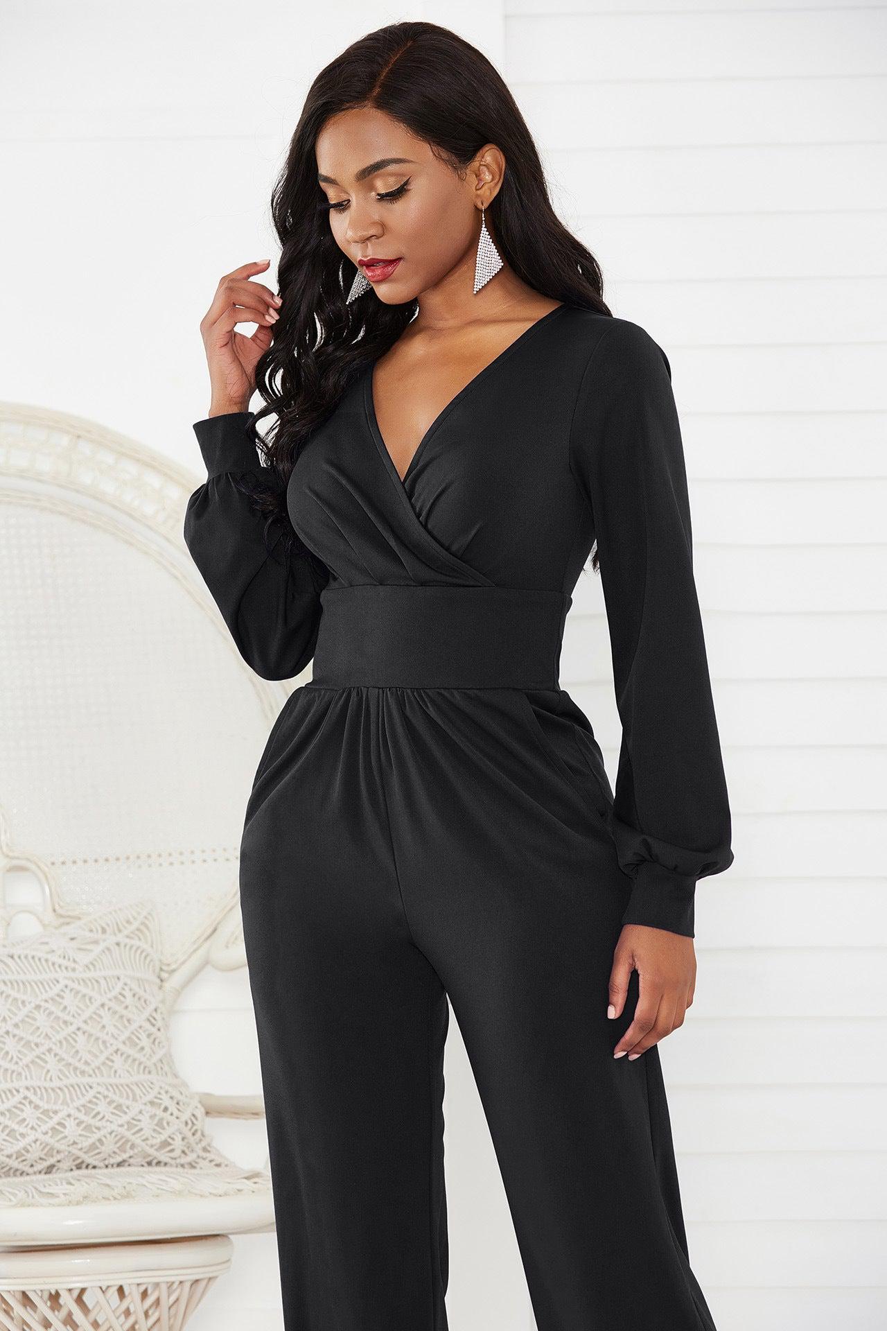 Gathered Detail Surplice Lantern Sleeve Jumpsuit BLUE ZONE PLANET