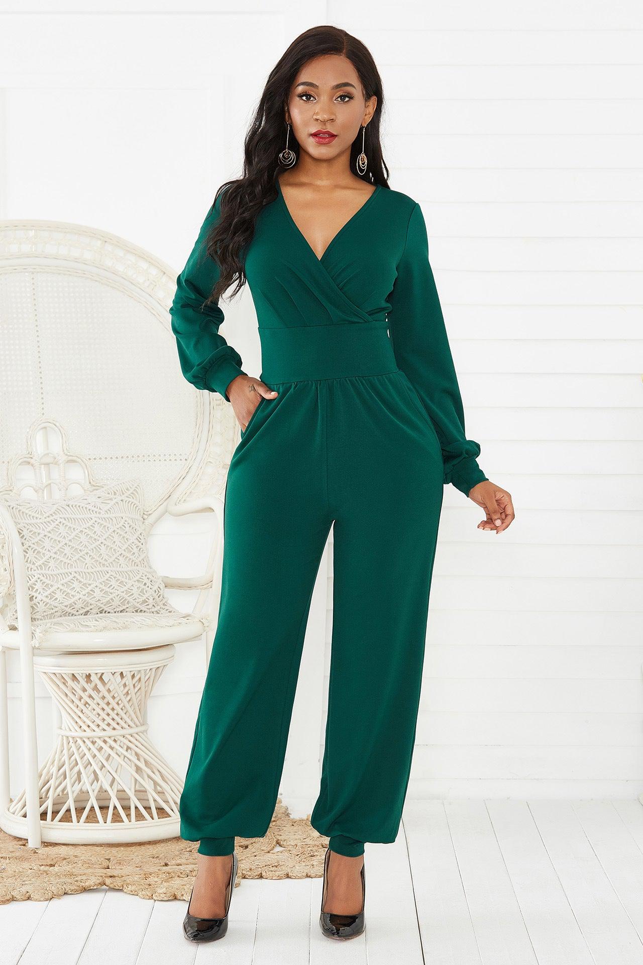 Gathered Detail Surplice Lantern Sleeve Jumpsuit BLUE ZONE PLANET