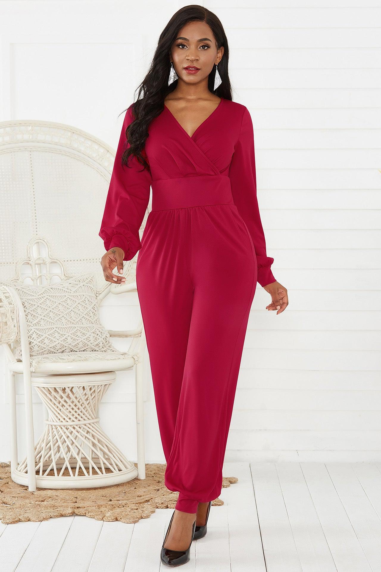 Gathered Detail Surplice Lantern Sleeve Jumpsuit BLUE ZONE PLANET
