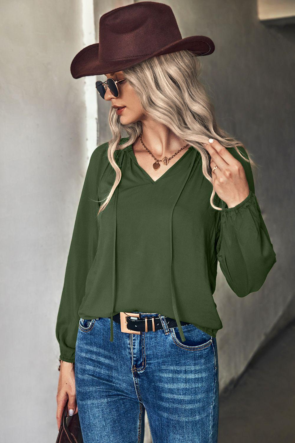 Gathered Detail Tie-Neck Blouse BLUE ZONE PLANET