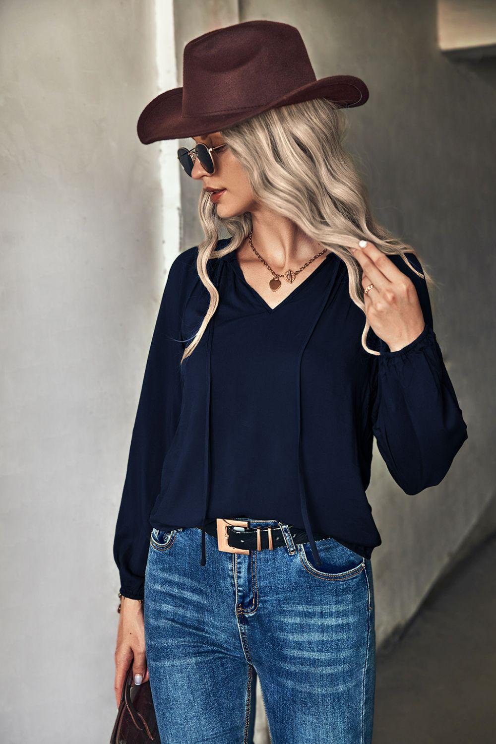 Gathered Detail Tie-Neck Blouse BLUE ZONE PLANET