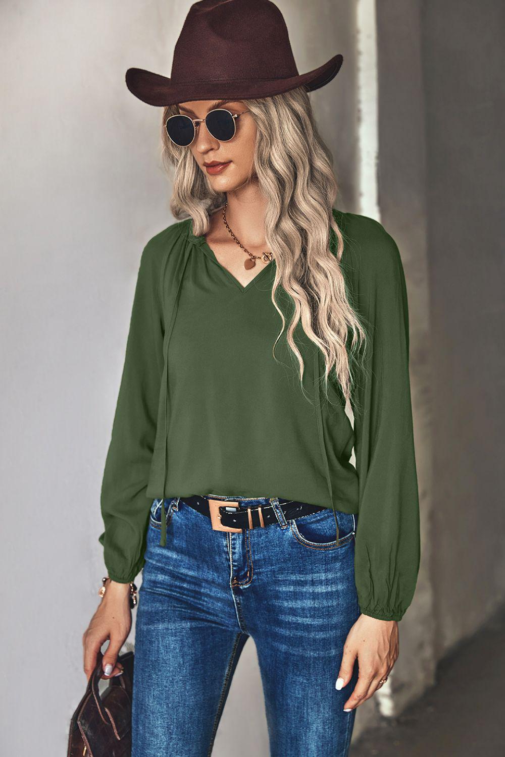Gathered Detail Tie-Neck Blouse BLUE ZONE PLANET