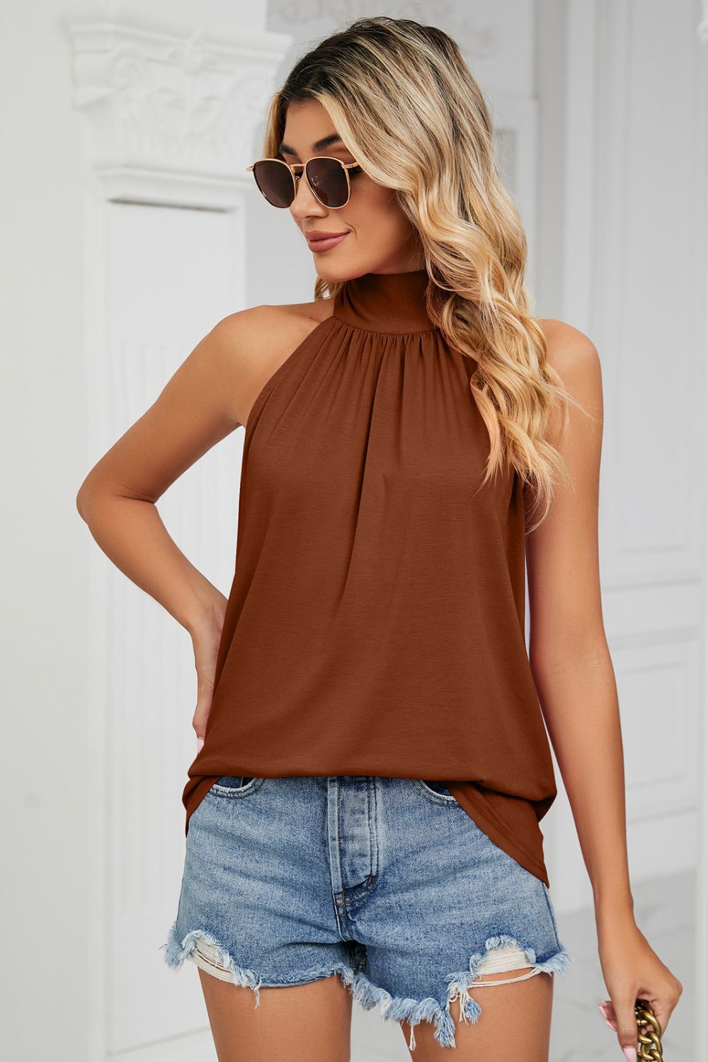 Gathered Detail Tied Sleeveless Top BLUE ZONE PLANET