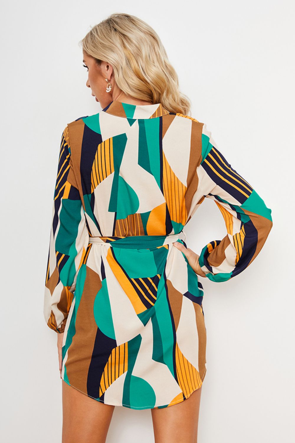 Geometric Print Belted Curved Hem Dress BLUE ZONE PLANET